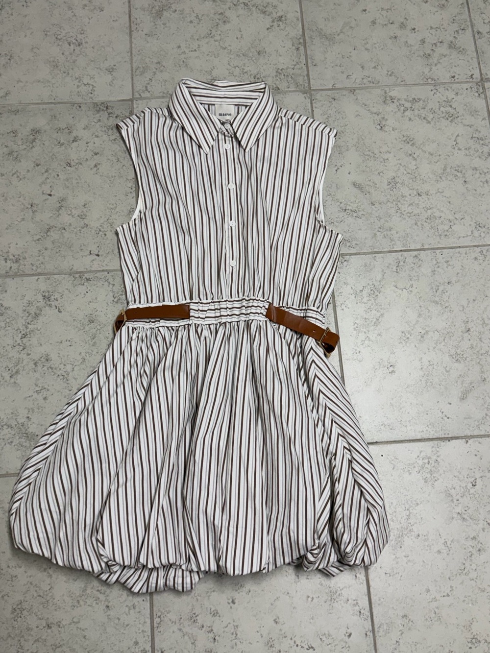 Maeve White XS Summer Dress with Brown Vertical Stripes with Elastic Waist & hem